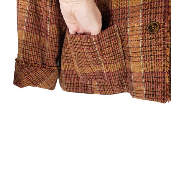 Coldwater Creek 16 Plaid Blazer Women Gold Plum Recycled Wool Blend Frayed Edges - Picture 11 of 11